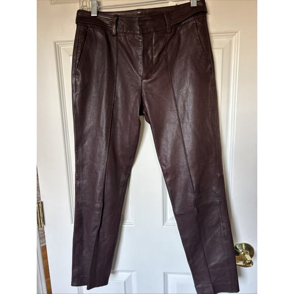 VINCE Burgundy Lamb Leather pant front seam sz 0 See measurements 29 X26 lined - Picture 1 of 16
